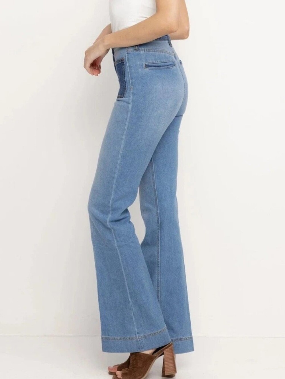Retro 70s Flare Jeans Light Wash Blue High Rise 28 PTCL Holly Patch Pocket